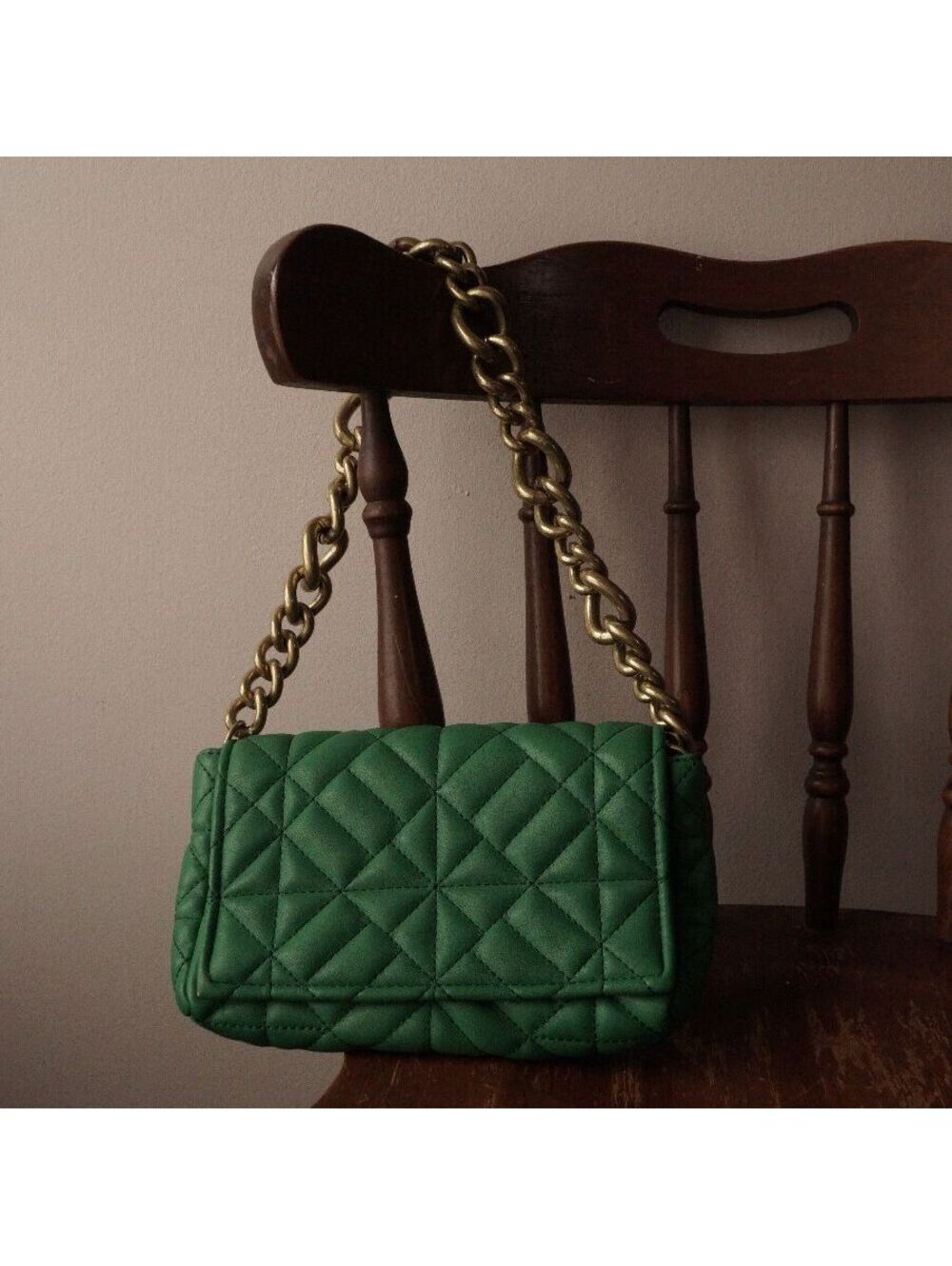 Zara Quilted Green Shoulder Bag with Gold Chain Strap